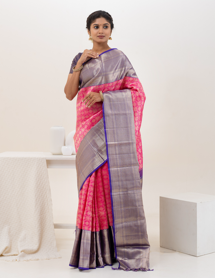 Fuscia Pink Brocade Pure Kanchipuram Wedding Silk Saree - Clio Silks