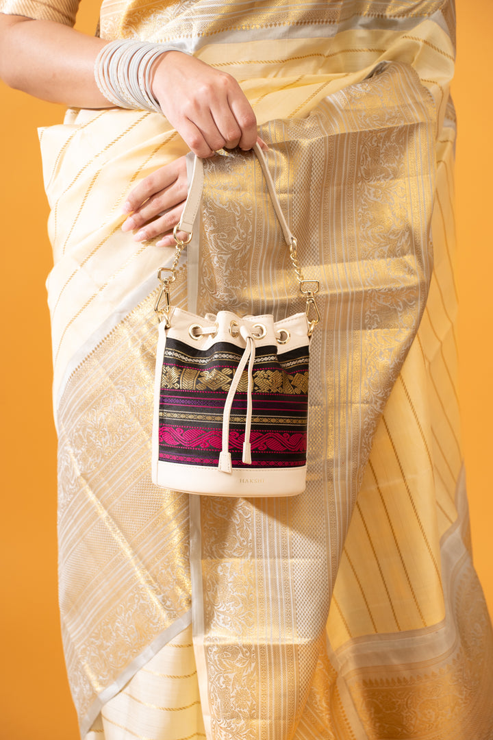Yanay Kanchi Pure Zari Potli Bag Black & Ivory - Clio Silks