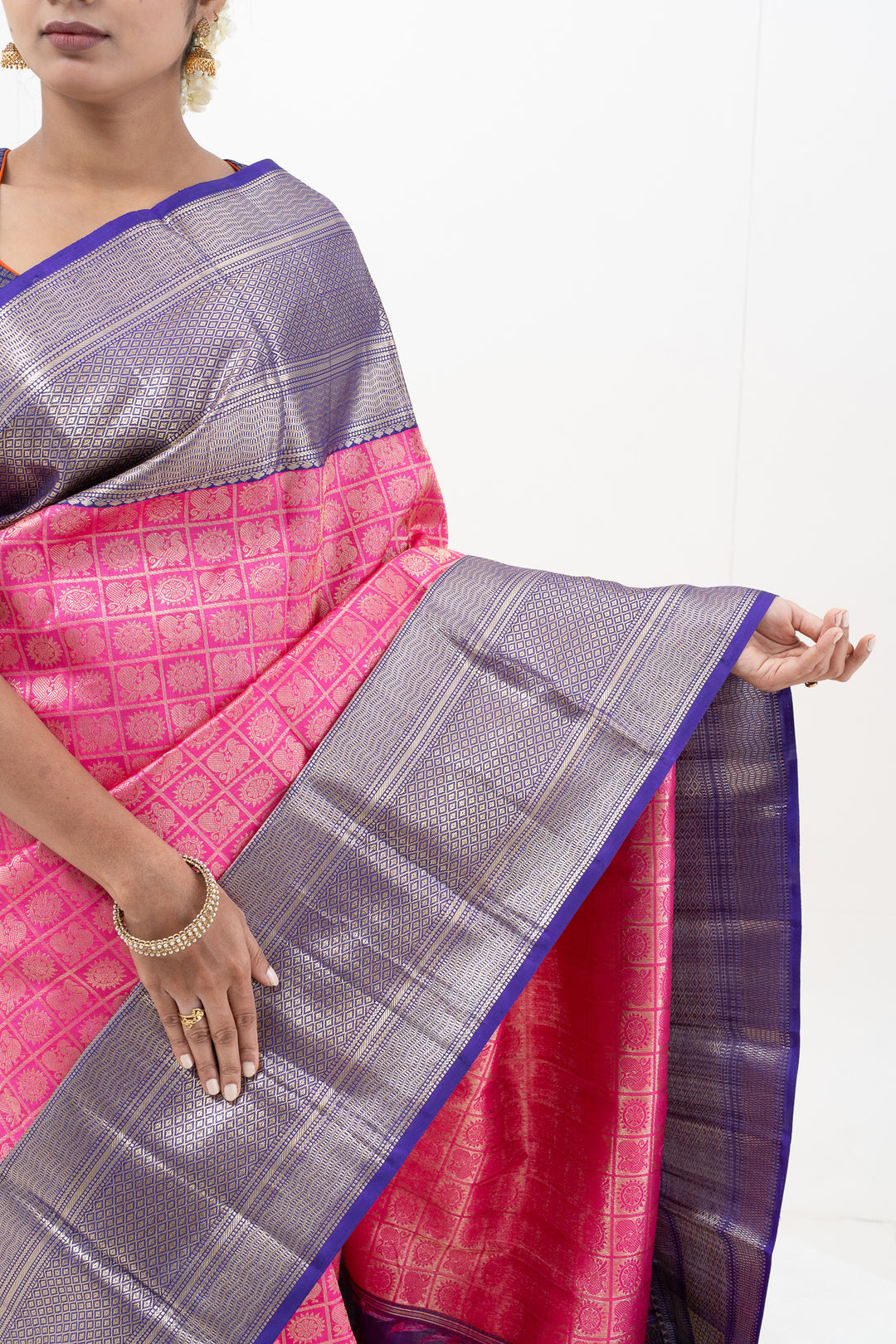 Fuscia Pink Brocade Pure Kanchipuram Wedding Silk Saree - Clio Silks