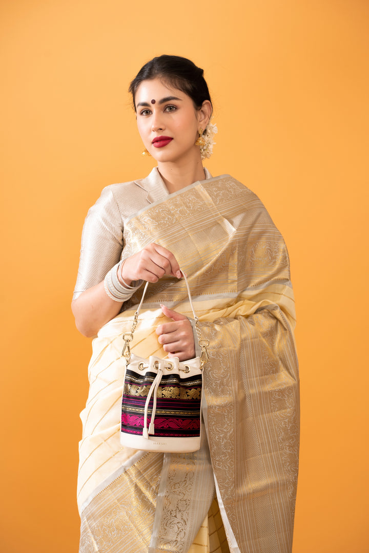 Yanay Kanchi Pure Zari Potli Bag Black & Ivory - Clio Silks