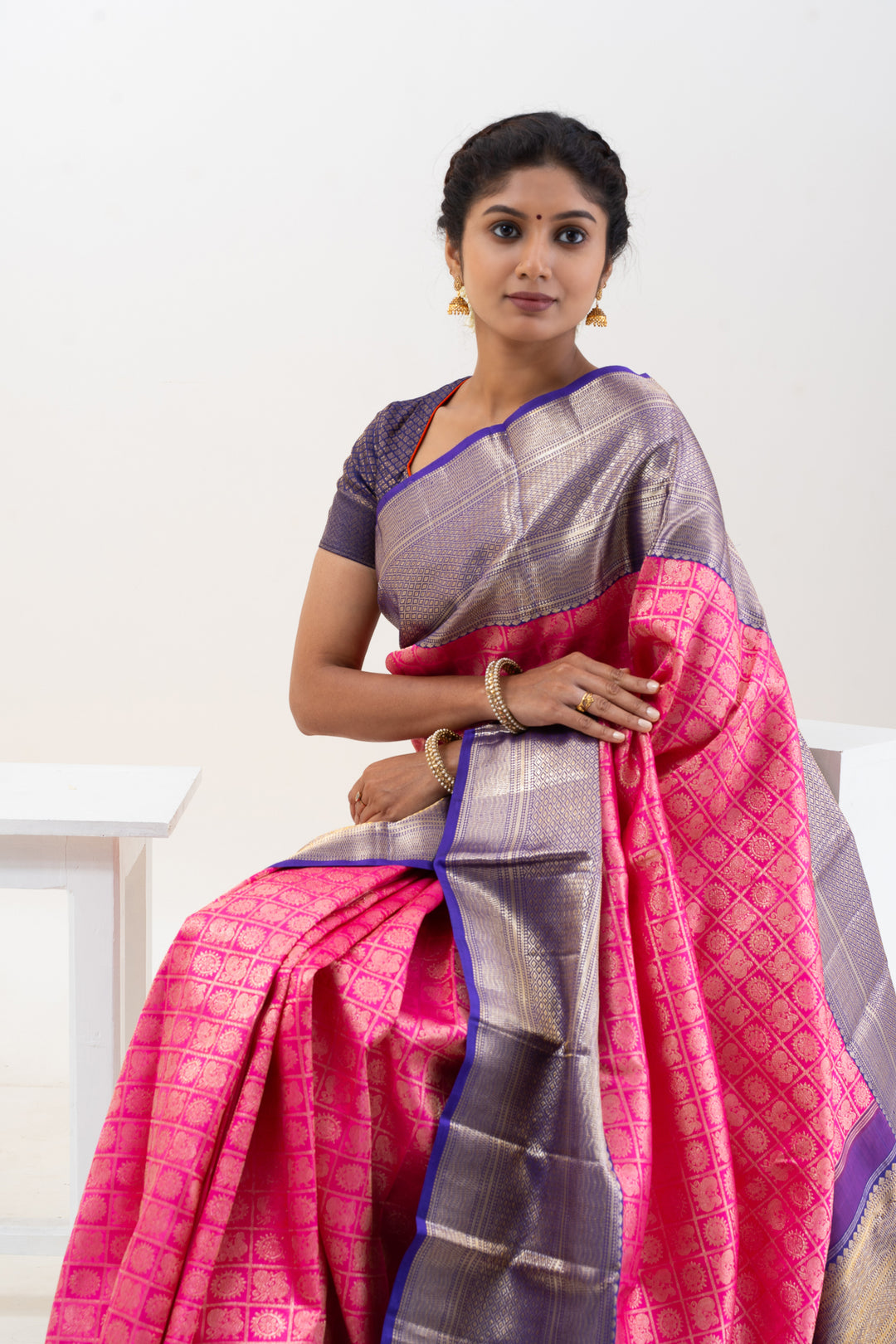 Fuscia Pink Brocade Pure Kanchipuram Wedding Silk Saree - Clio Silks
