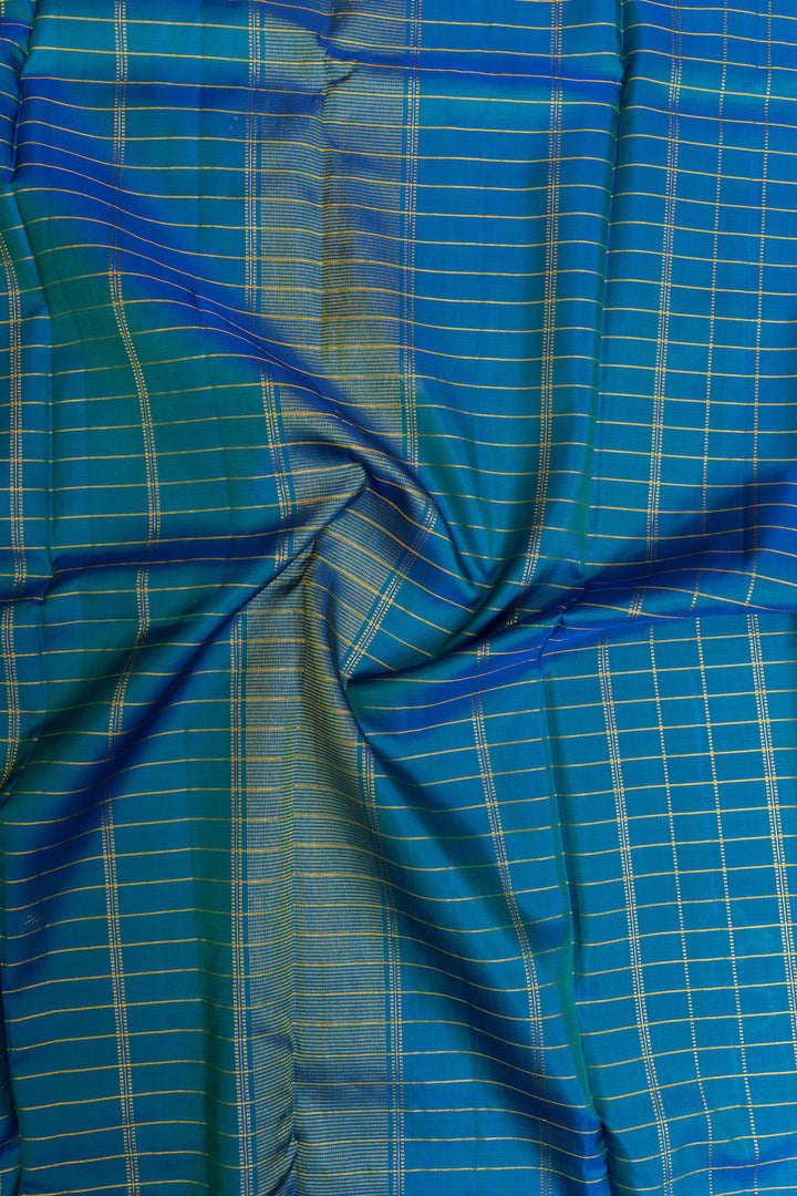 Peacock blue and green checks pure Kanchipuram silk saree
