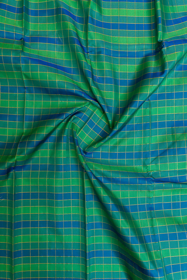 Peacock blue and green checks pure Kanchipuram silk saree