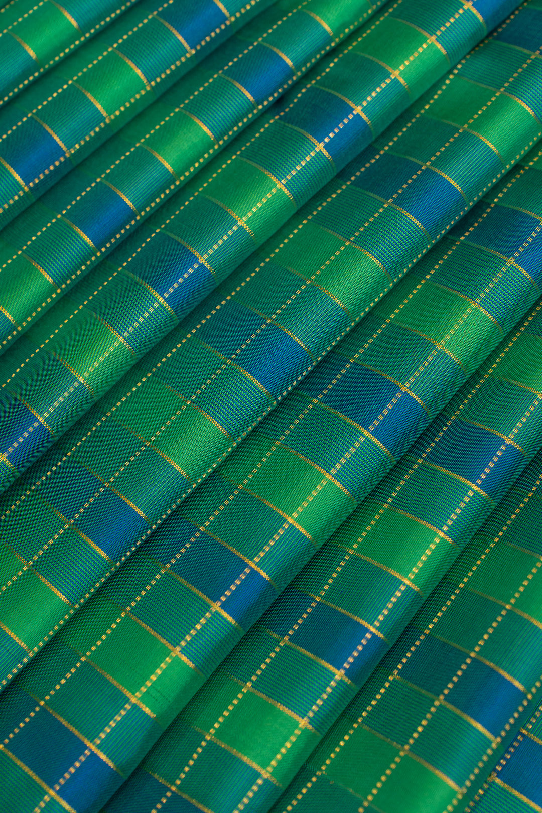 Peacock blue and green checks pure Kanchipuram silk saree