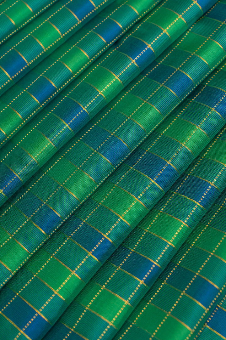 Peacock blue and green checks pure Kanchipuram silk saree
