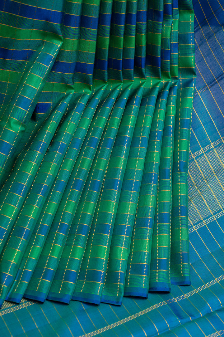 Peacock blue and green checks pure Kanchipuram silk saree
