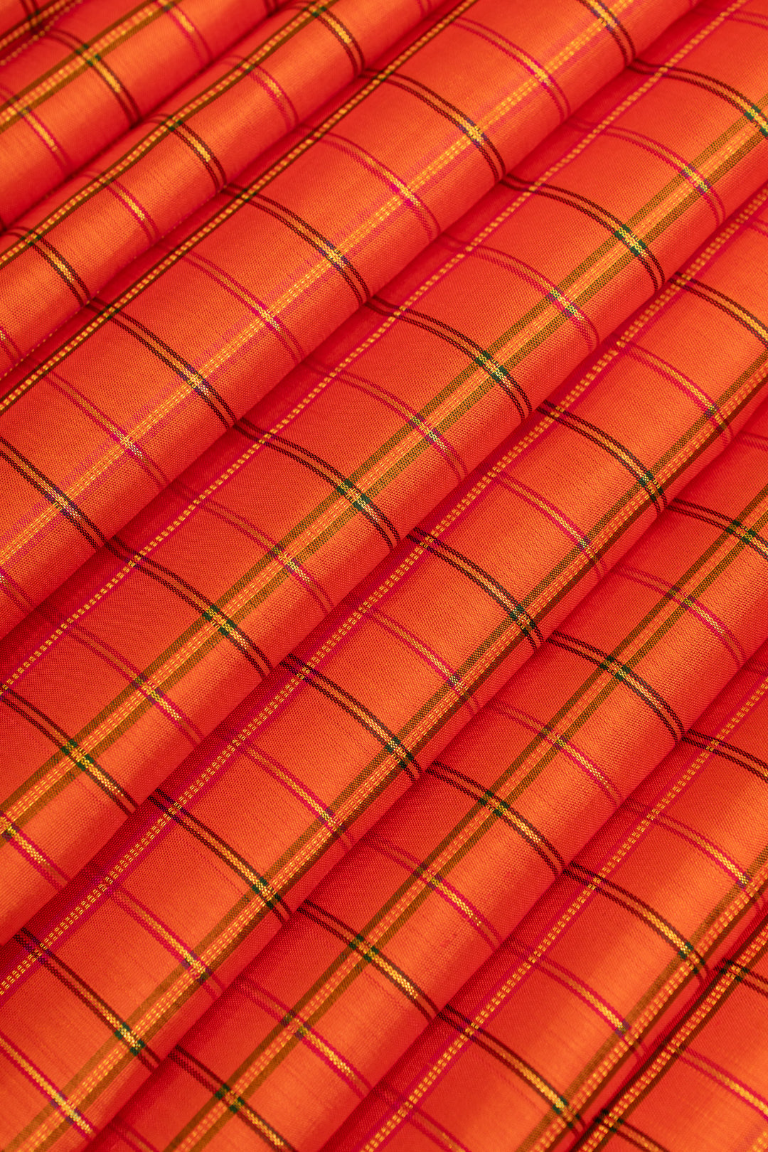 Orange borderless checks pure Kanchipuram silk saree