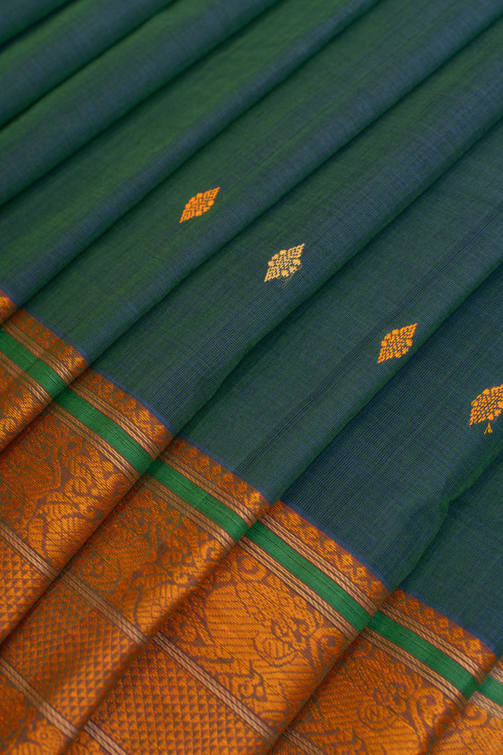 Peacock blue and mustard pure handloom cotton saree