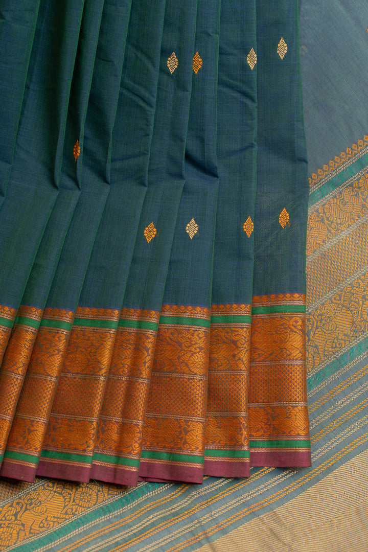 Peacock blue and mustard pure handloom cotton saree