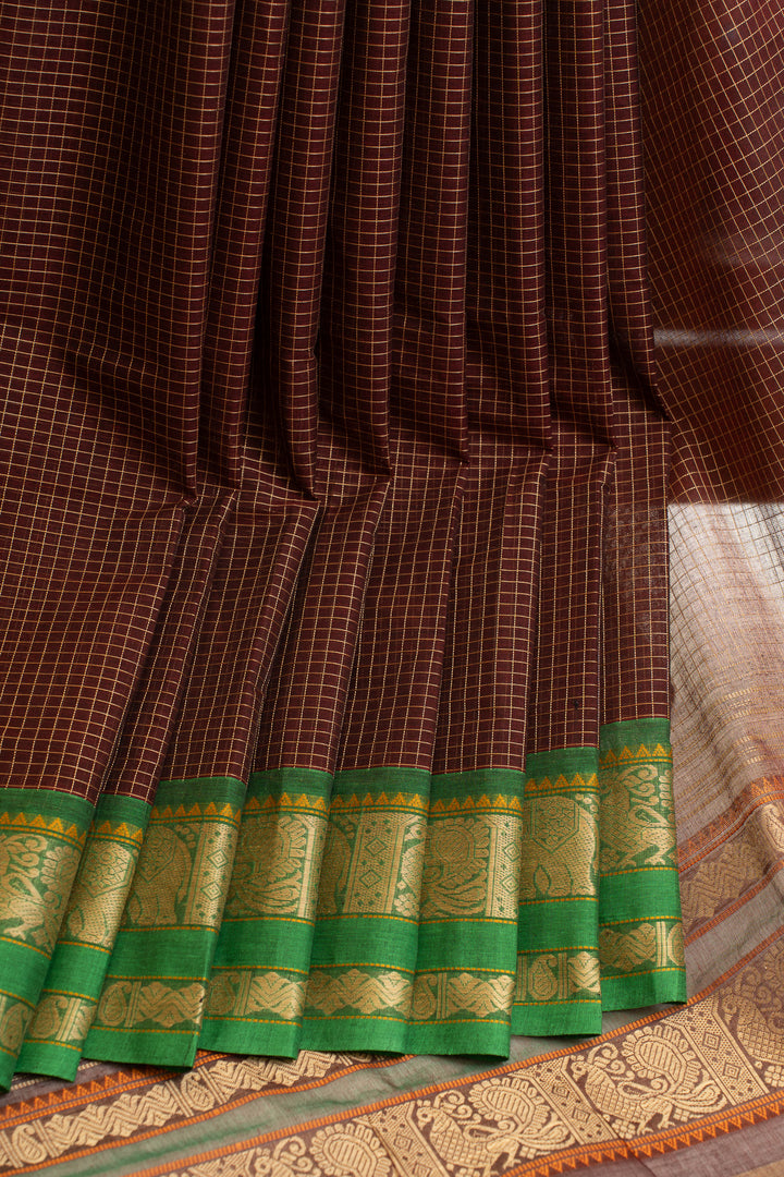 Royal maroon thread checks pure handloom cotton saree