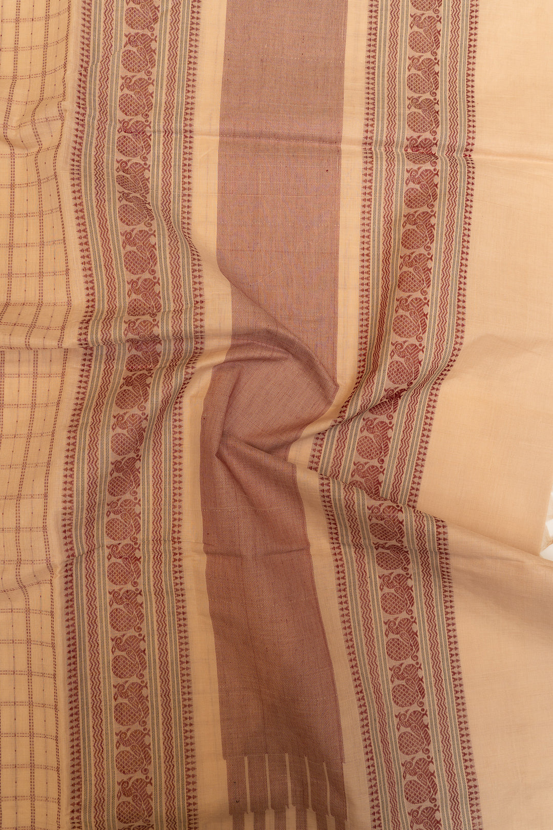 Sandal cream thread checks pure handloom cotton  saree