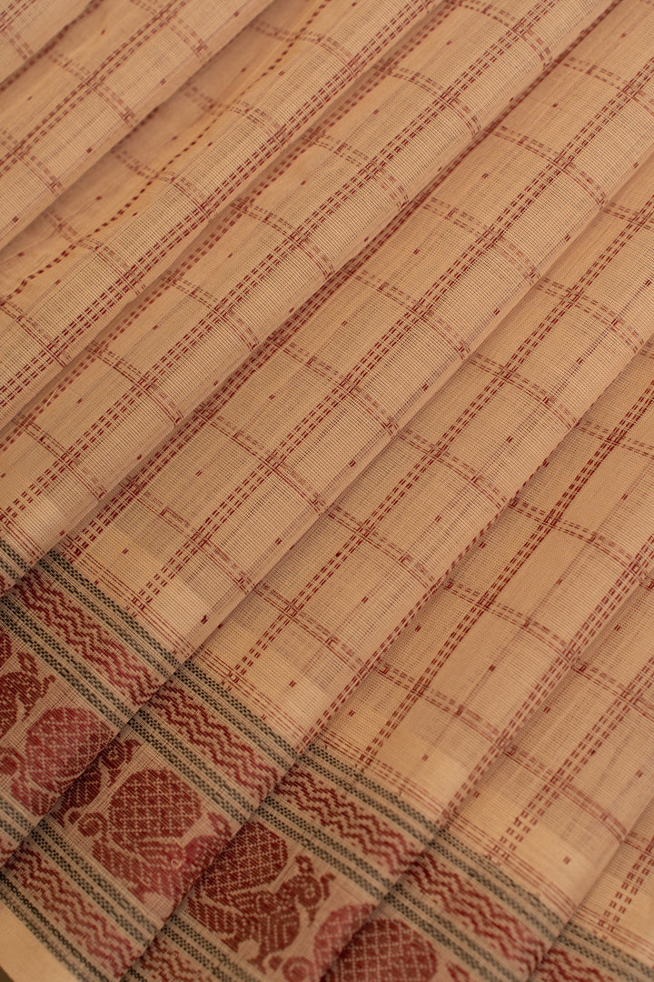 Sandal cream thread checks pure handloom cotton  saree