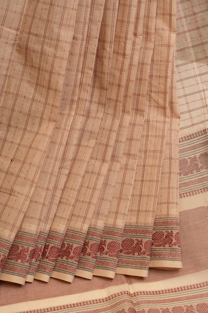 Sandal cream thread checks pure handloom cotton  saree