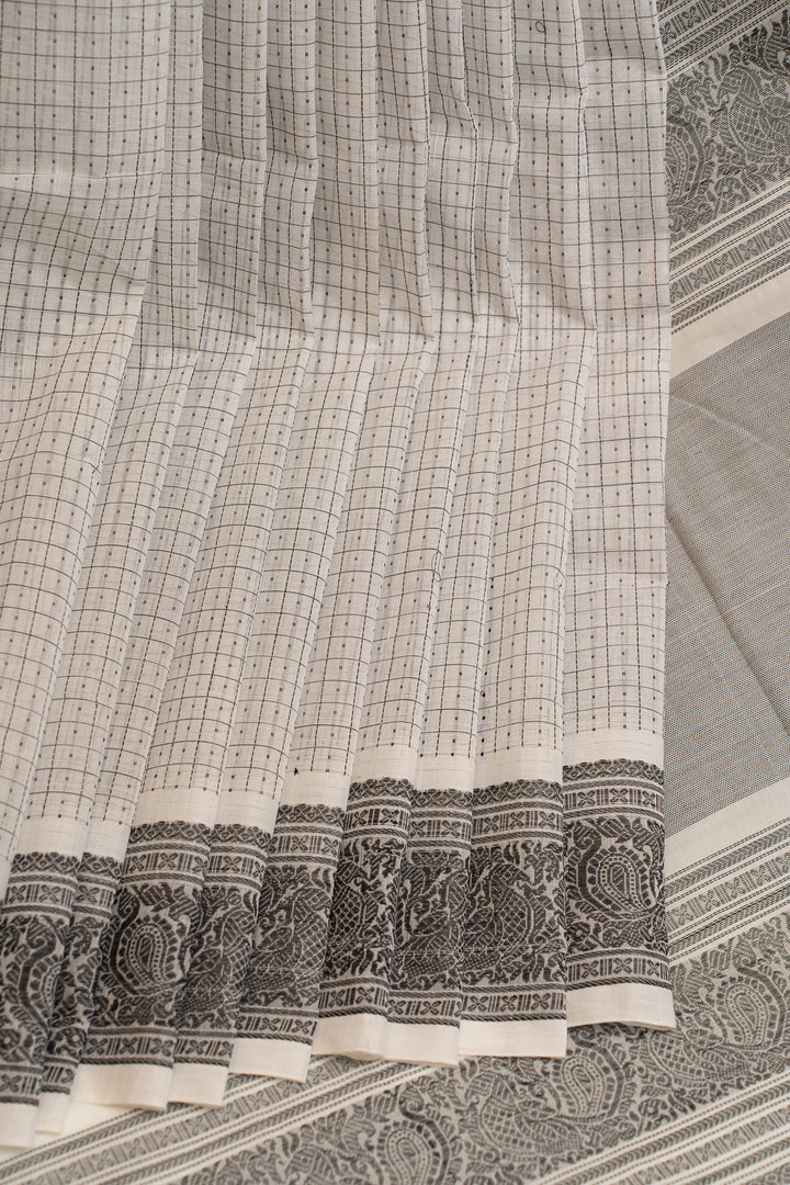 White and black thread handloom  pure cotton saree