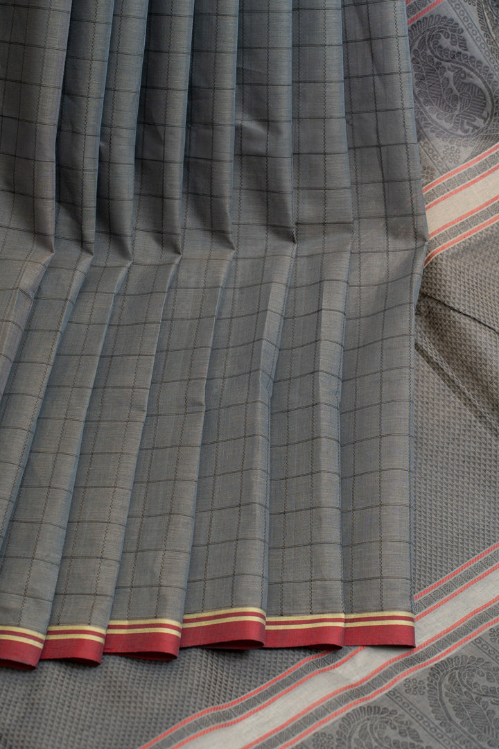 Grey and black thread checks pure handloom cotton saree