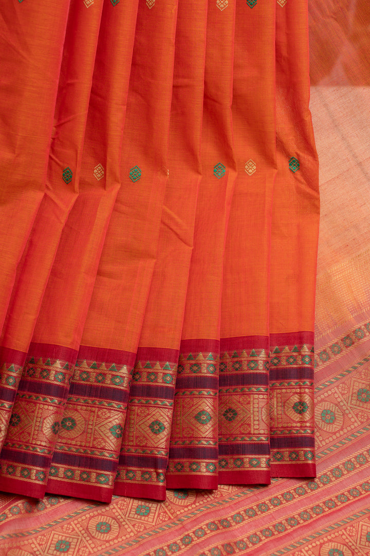 Orange and maroon threadwork pure handloom cotton saree