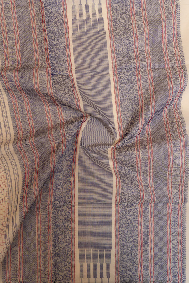 Cream and blue thread checks pure handloom cotton saree