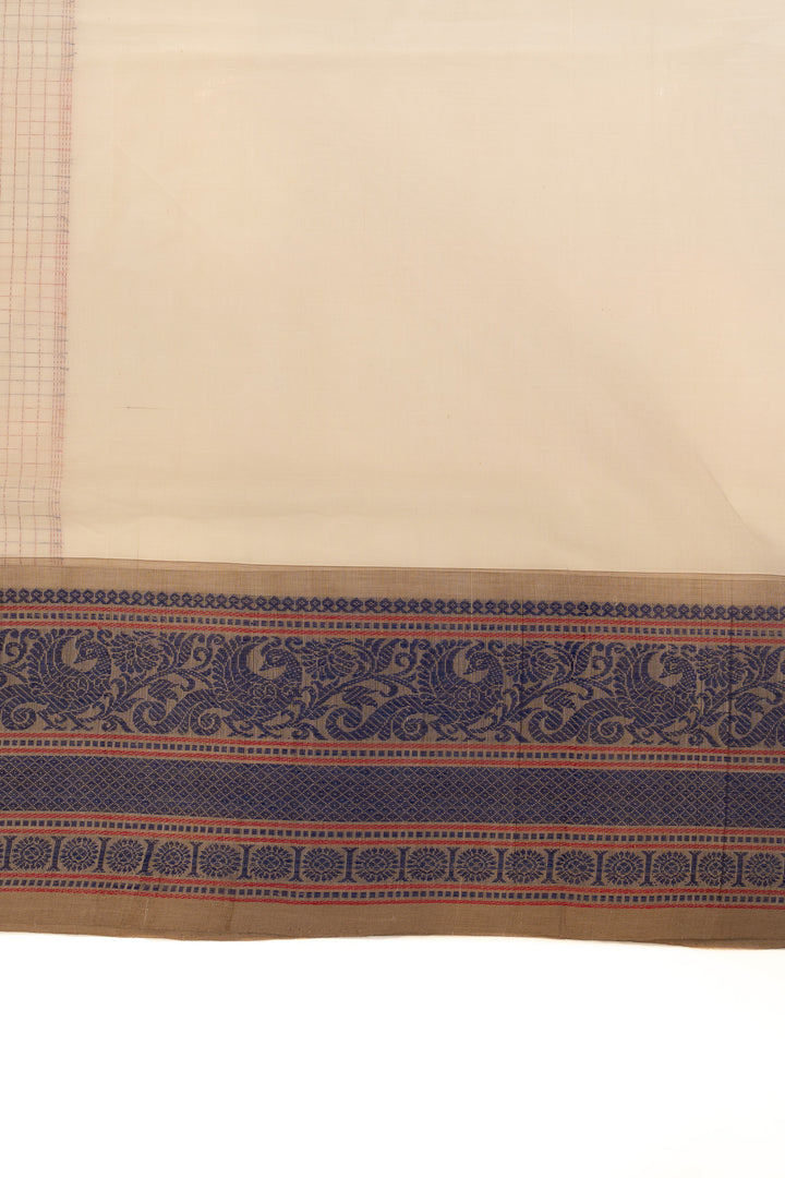 Cream and blue thread checks pure handloom cotton saree