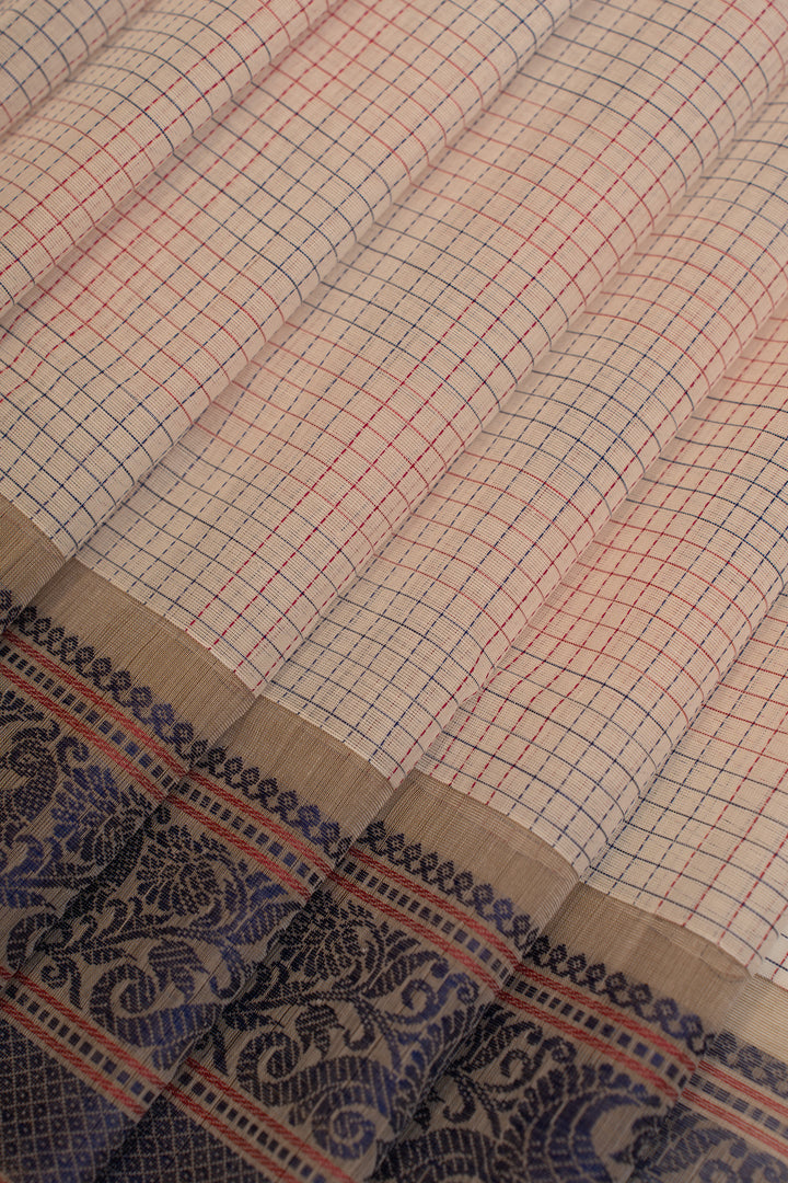 Cream and blue thread checks pure handloom cotton saree