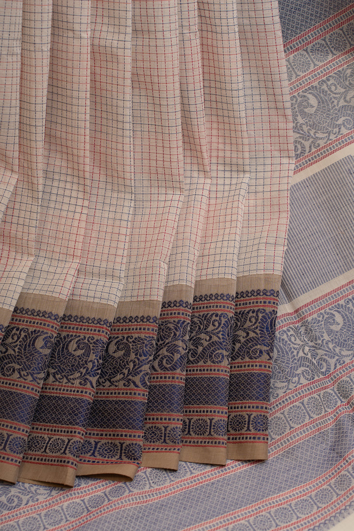 Cream and blue thread checks pure handloom cotton saree