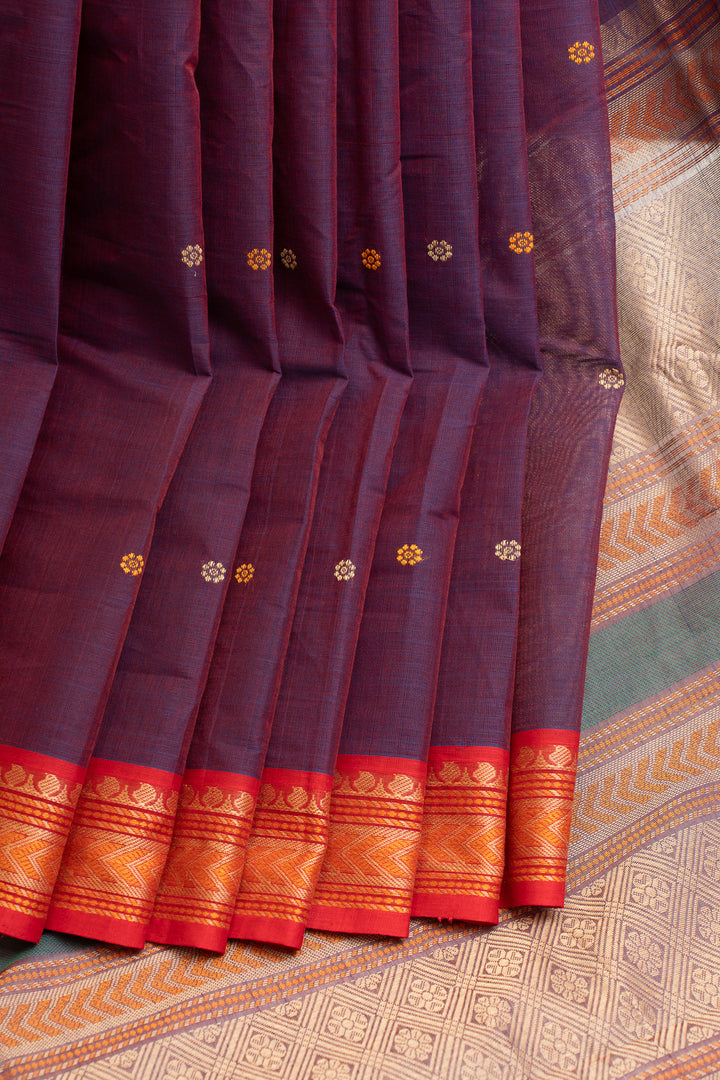 Purple and red threadwork pure handloom cotton saree