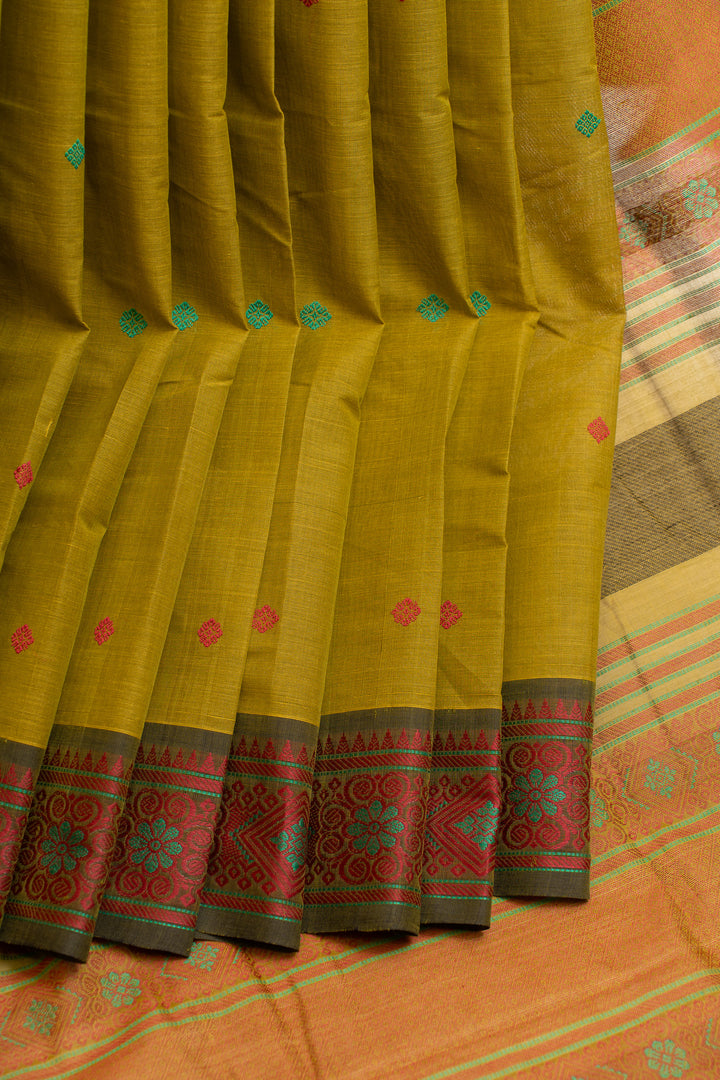 Mehendi green threadwork pure cotton saree