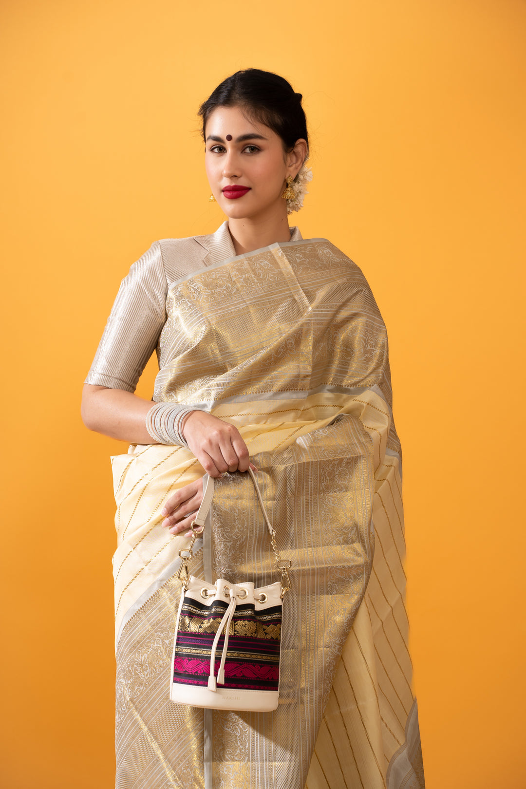 Yanay Kanchi Pure Zari Potli Bag Black & Ivory - Clio Silks