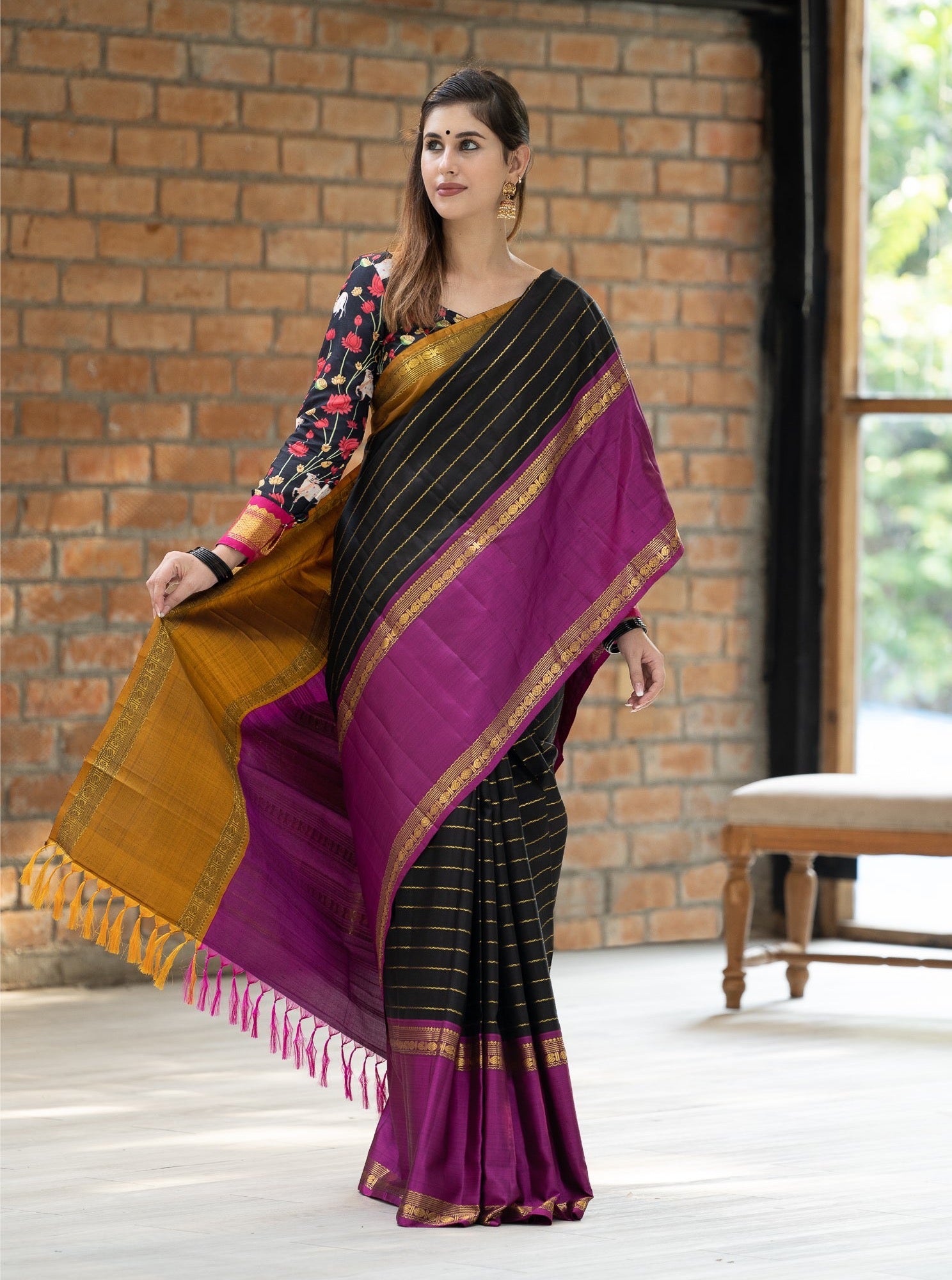 Mustard Vasundhara Lite Silk Mix Saree, Prettified with Neli, Muthu, and Banaras Buttas, Complemented by a Contrast Border of Muthu Designs, Grandly Woven Jaal Design Pallu, and Paired with a Contrast Blouse main image 0