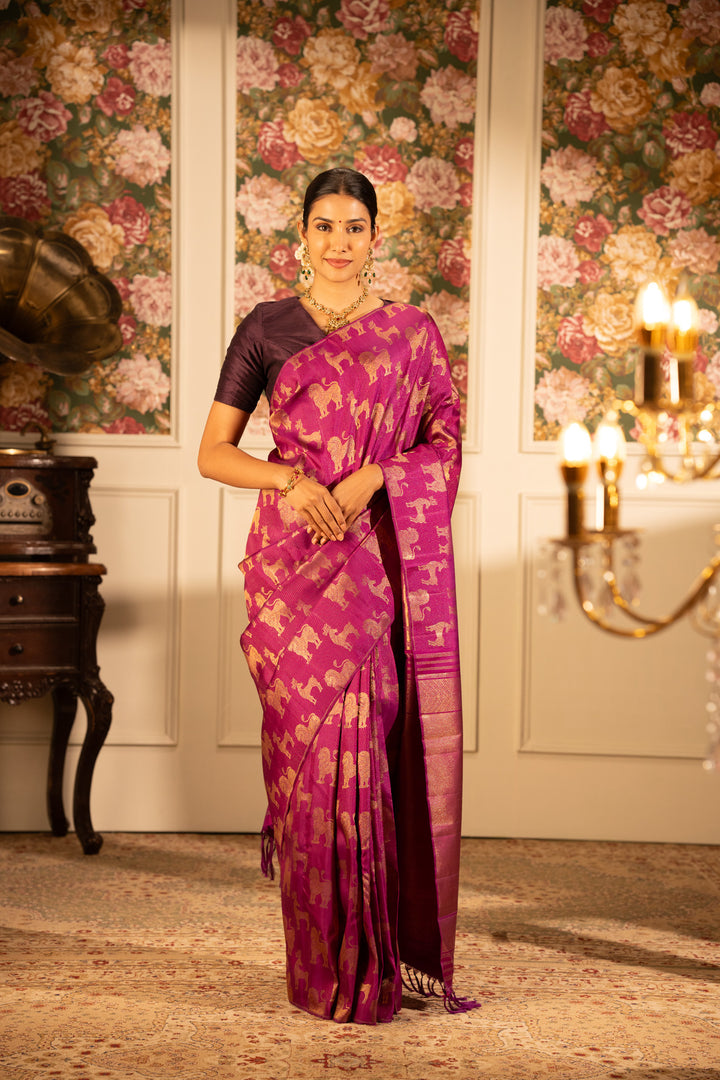 Magenta borderless brocade pure Kanchipuram silk Saree