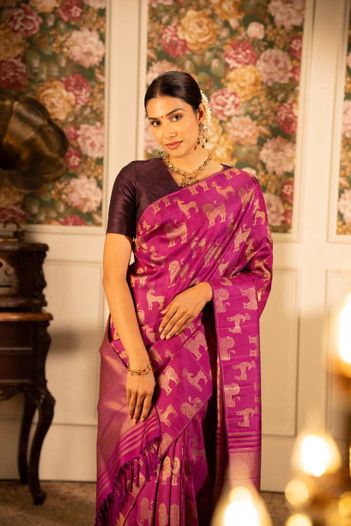 Magenta borderless brocade pure Kanchipuram silk Saree