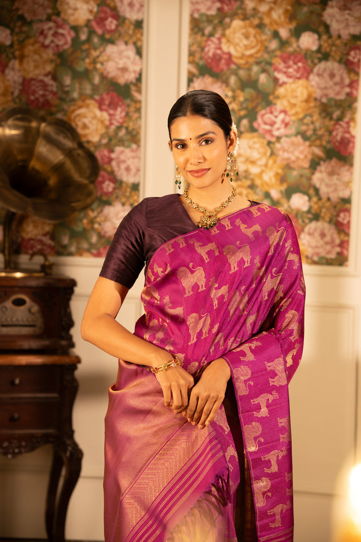 Magenta borderless brocade pure Kanchipuram silk Saree