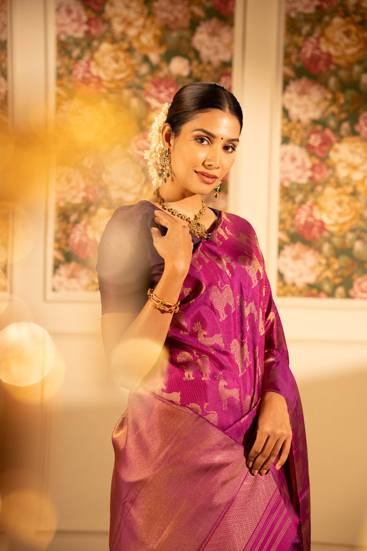Magenta borderless brocade pure Kanchipuram silk Saree