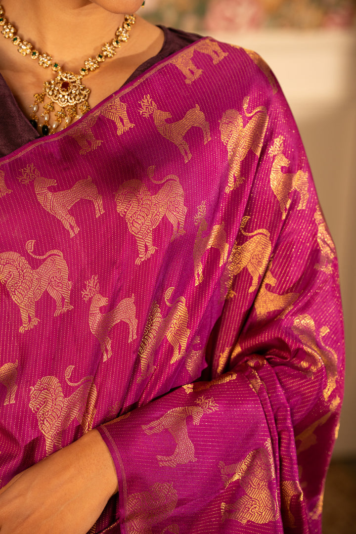 Magenta borderless brocade pure Kanchipuram silk Saree