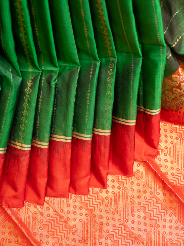 Emerald Green Zari Ornate Stripes Pure Soft Silk Saree