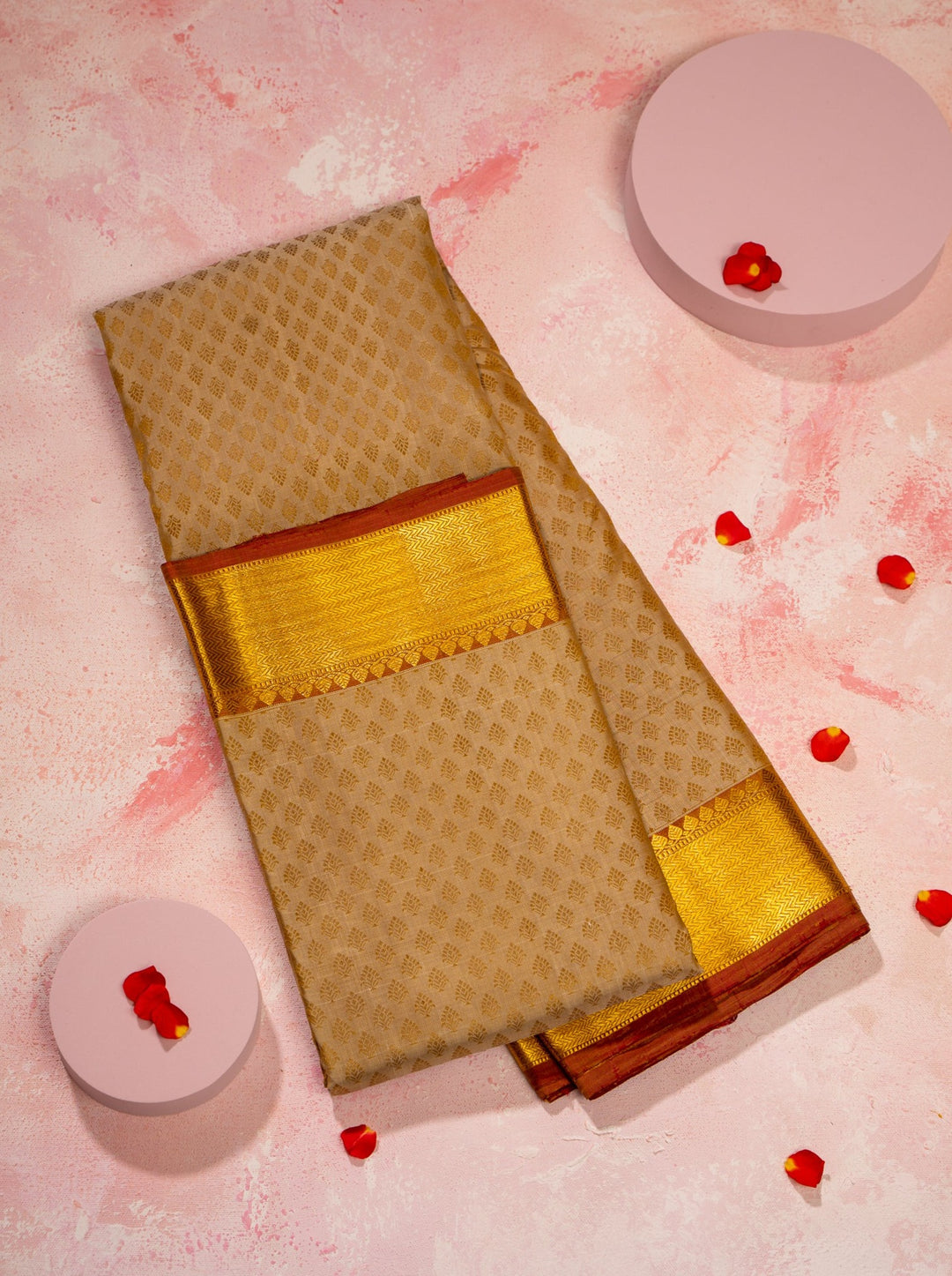 Beige and Gold Thread Brocade Pure Kanchipuram Silk Saree - Clio Silks