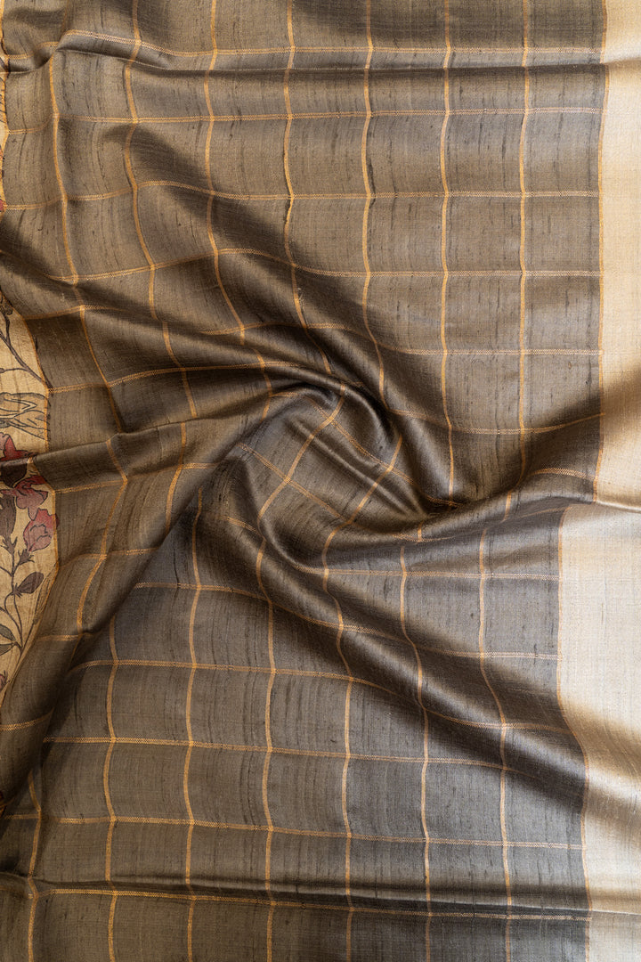 Grey multi floral handprinted pure Tussar silk saree