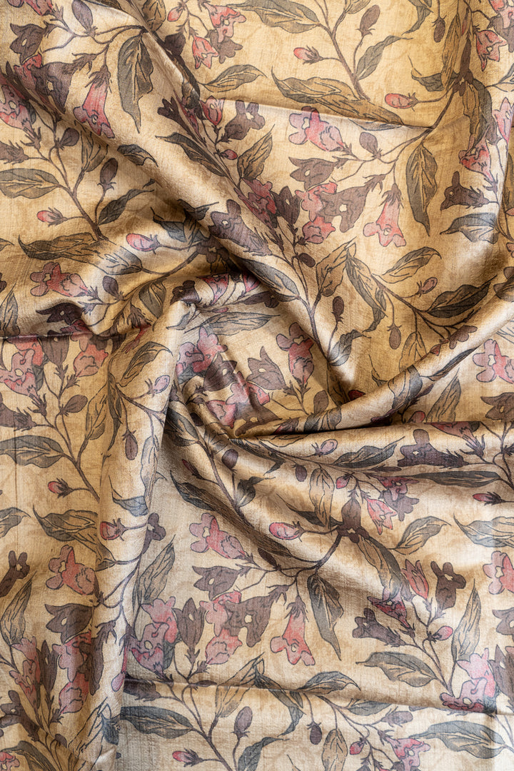 Grey multi floral handprinted pure Tussar silk saree