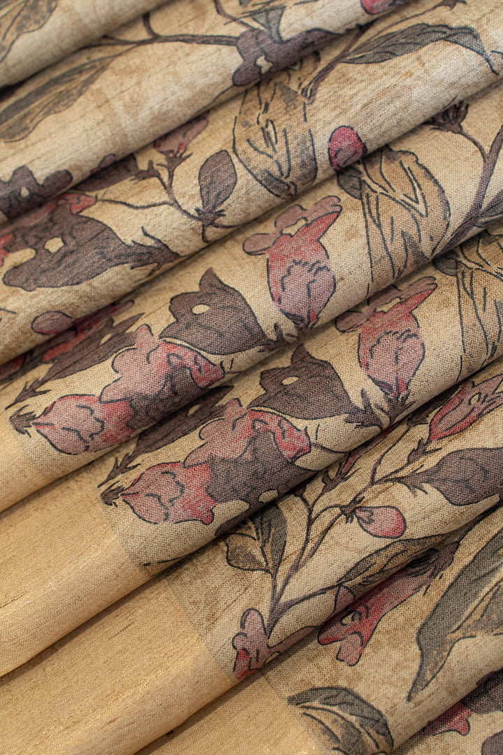 Grey multi floral handprinted pure Tussar silk saree