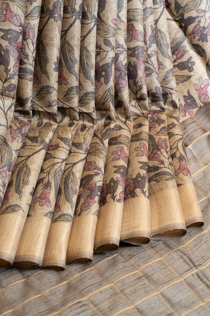 Grey multi floral handprinted pure Tussar silk saree