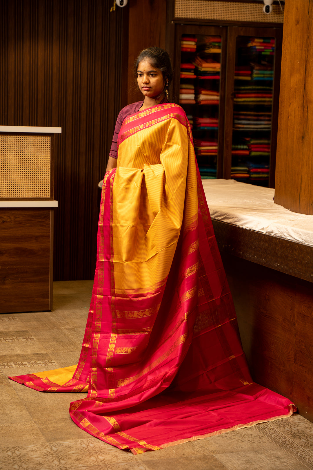 Yellow Stripes and Pink Pattu Pettu Pure Kanjivaram Silk Sari - Clio Silks