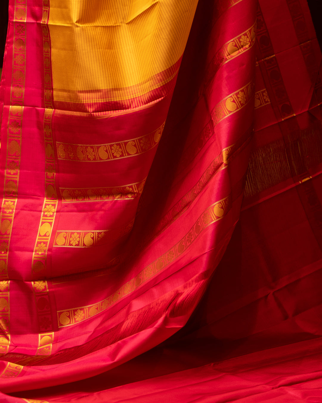 Yellow Stripes and Pink Pattu Pettu Pure Kanjivaram Silk Sari - Clio Silks