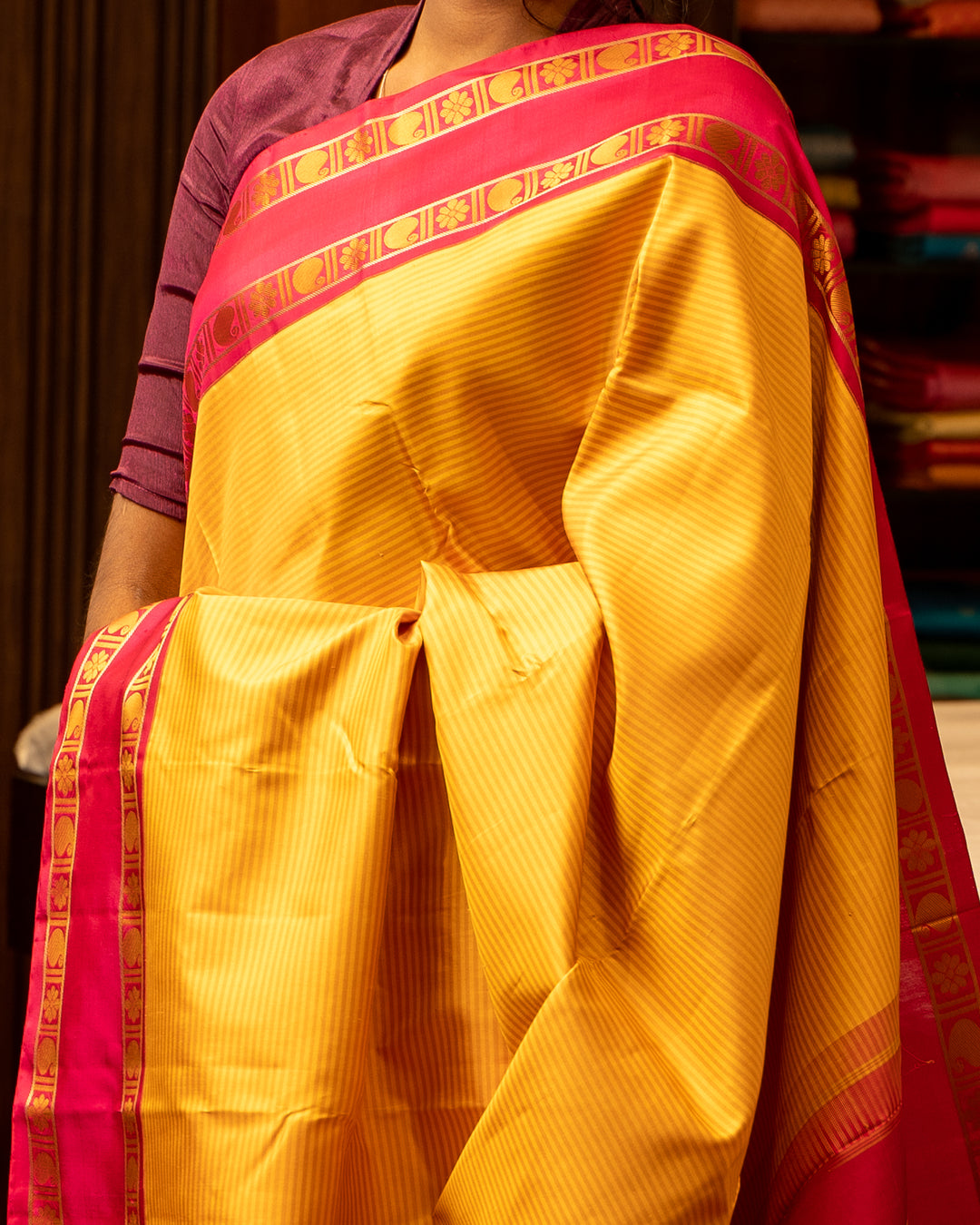 Yellow Stripes and Pink Pattu Pettu Pure Kanjivaram Silk Sari - Clio Silks
