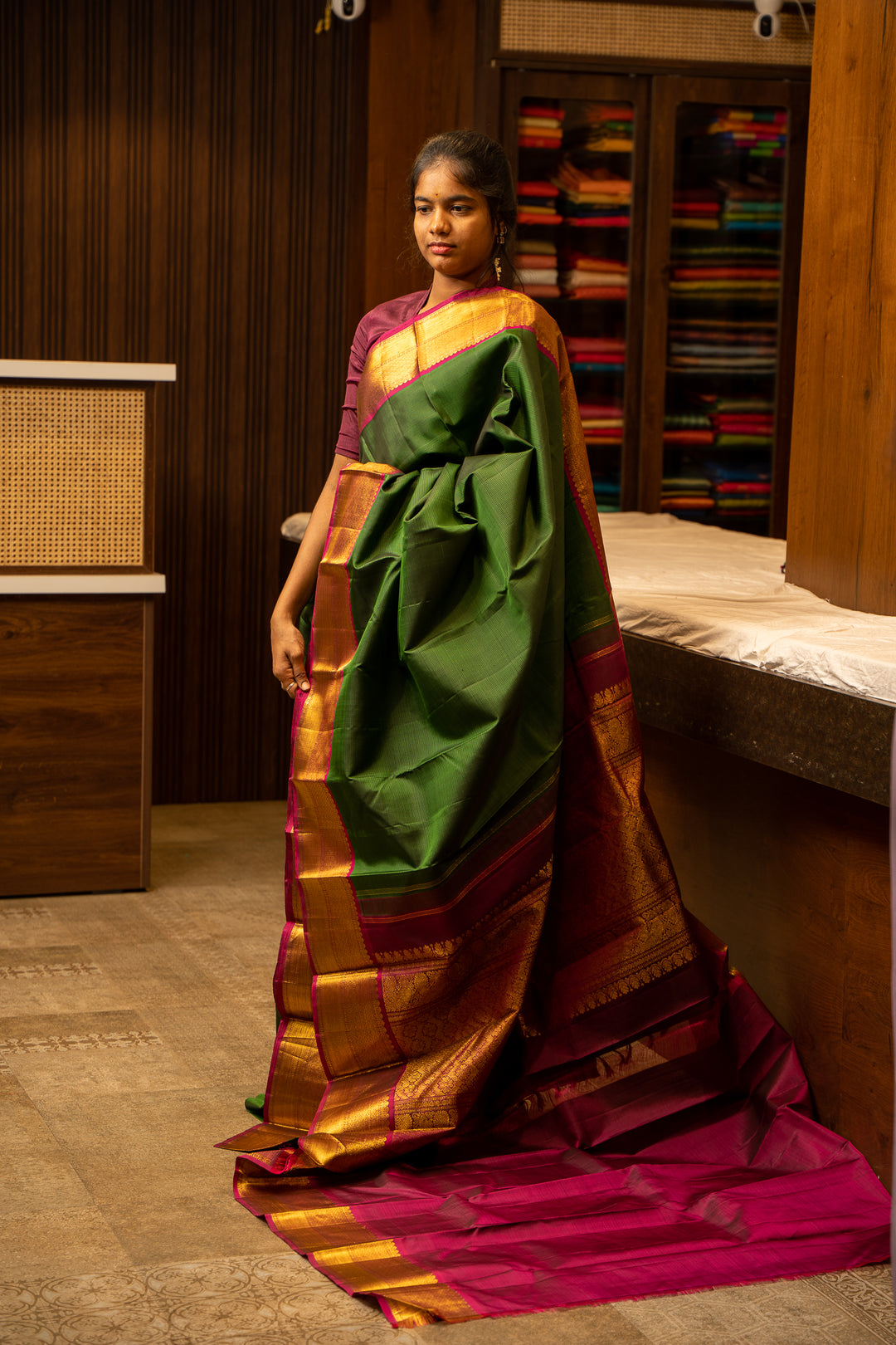 Bottle Green Pattu Stripes Traditional Pure Kanjivaram Silk Sari - Clio Silks