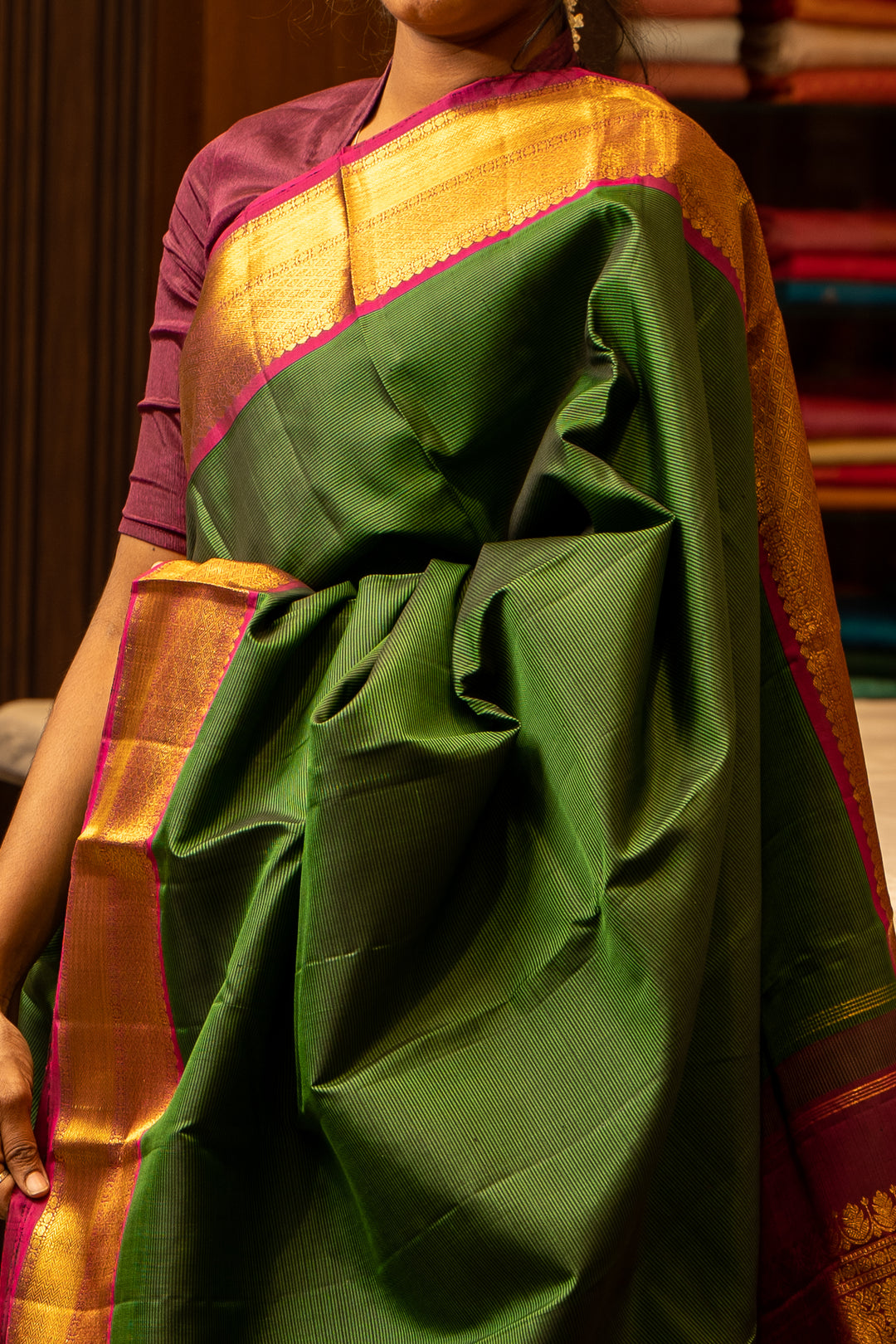 Bottle Green Pattu Stripes Traditional Pure Kanjivaram Silk Sari - Clio Silks