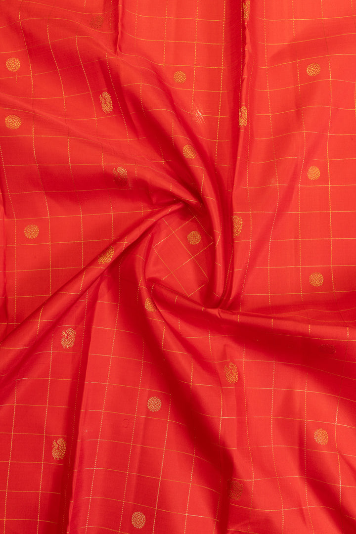 Chilli red traditional checks pure Kanchipuram silk saree