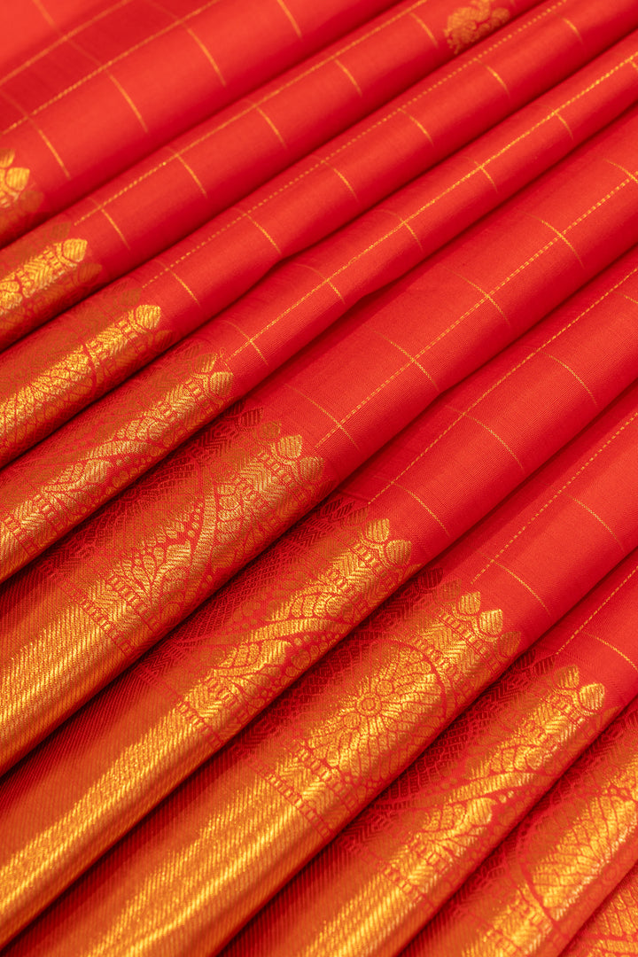 Chilli red traditional checks pure Kanchipuram silk saree