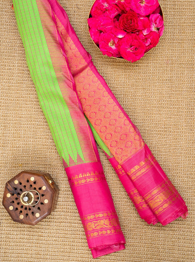 Chartreuse Green and Pink Pure Gadwal Silk Saree - Clio Silks