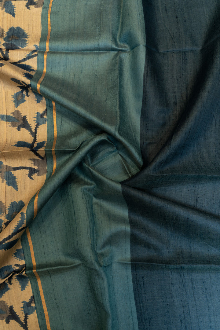 Beige and blue floral printed pure Tussar silk saree