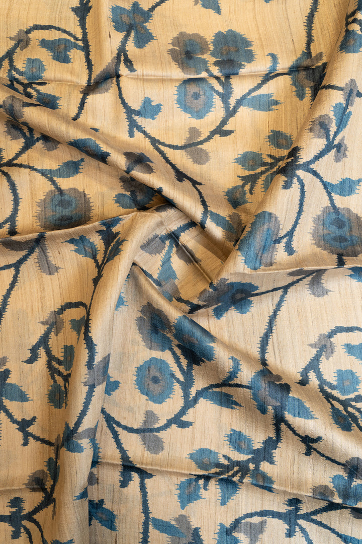 Beige and blue floral printed pure Tussar silk saree