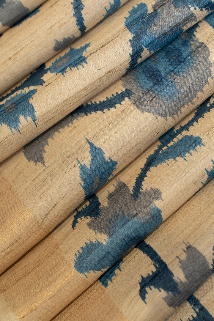 Beige and blue floral printed pure Tussar silk saree